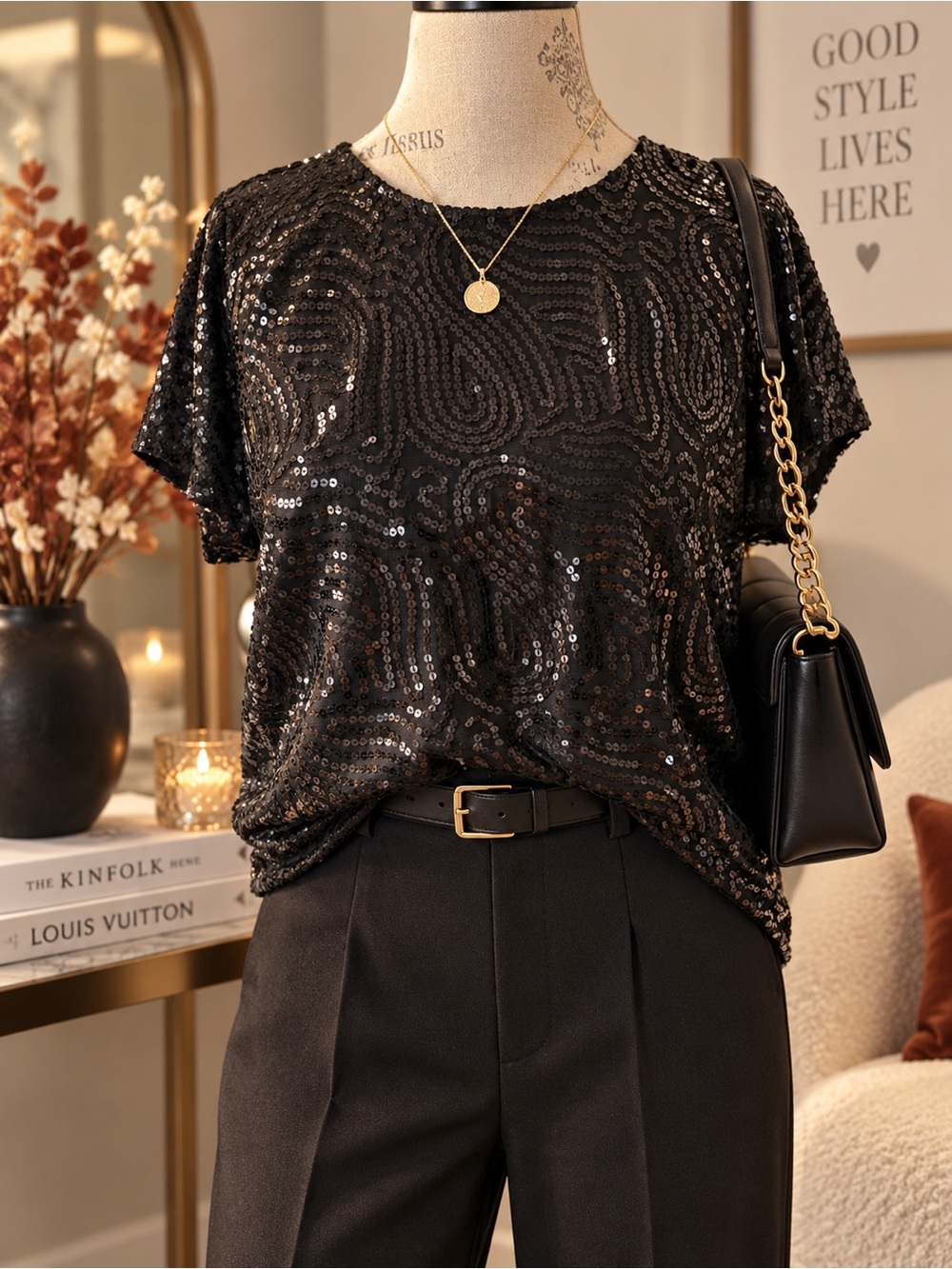 Michael Kors Black Sequin Short-Sleeve Tee